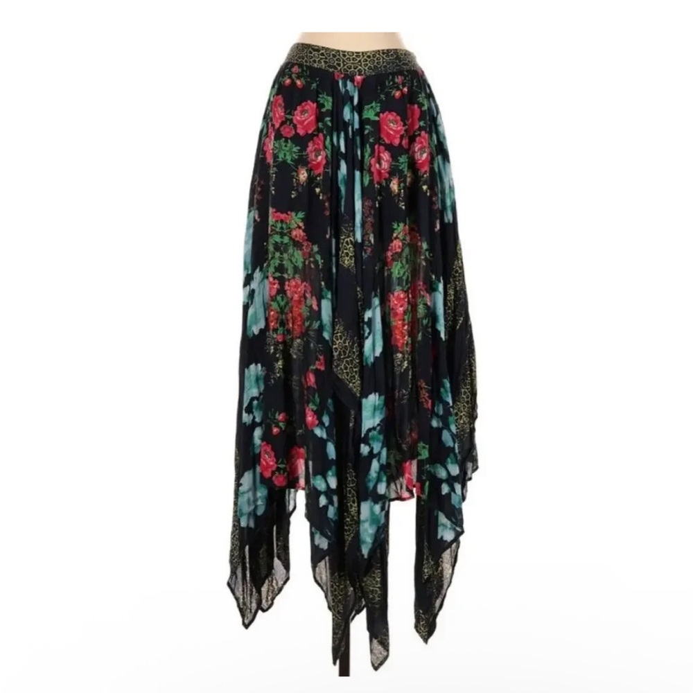 Free People Black Asymmetrical Floral Handkerchief Skirt with Red Roses